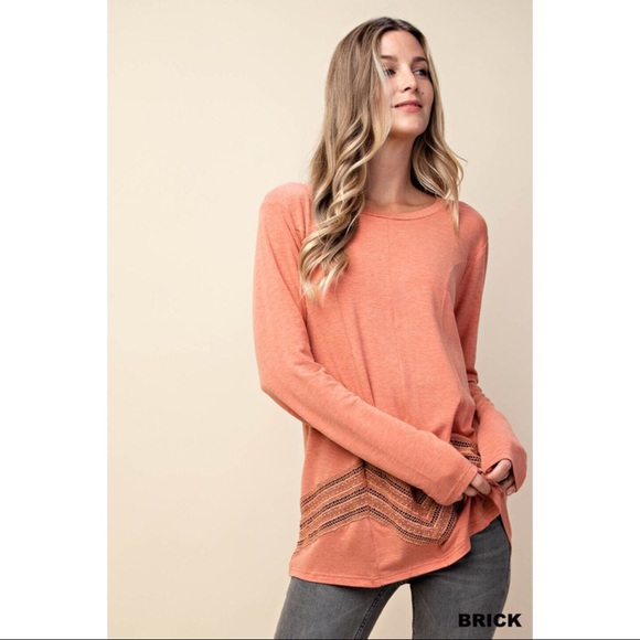 Bella - Long sleeve top with lace detail. Brick.